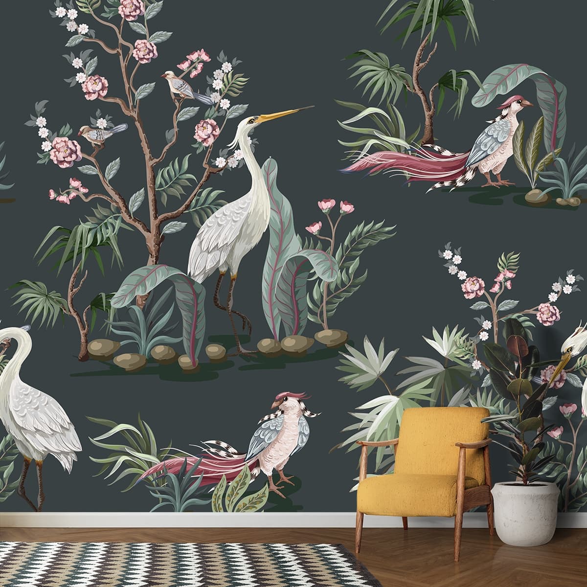 Serene Birds and Botanical Leaves Wallpaper shown in a room