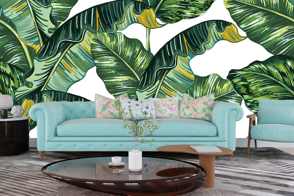Green Leaves Pattern Fresh Botanical Nature Wallpaper shown in a room
