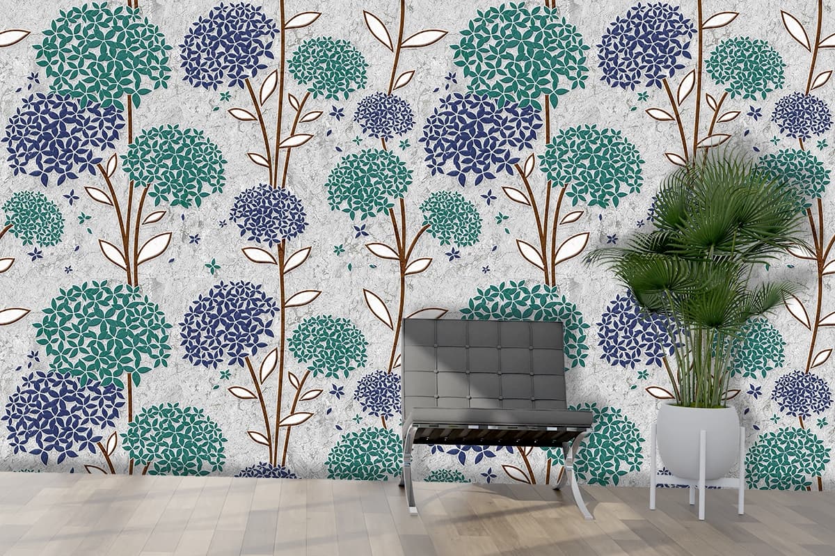 A Beautiful Green and Blue Flowers Pattern Wallpaper shown in a room