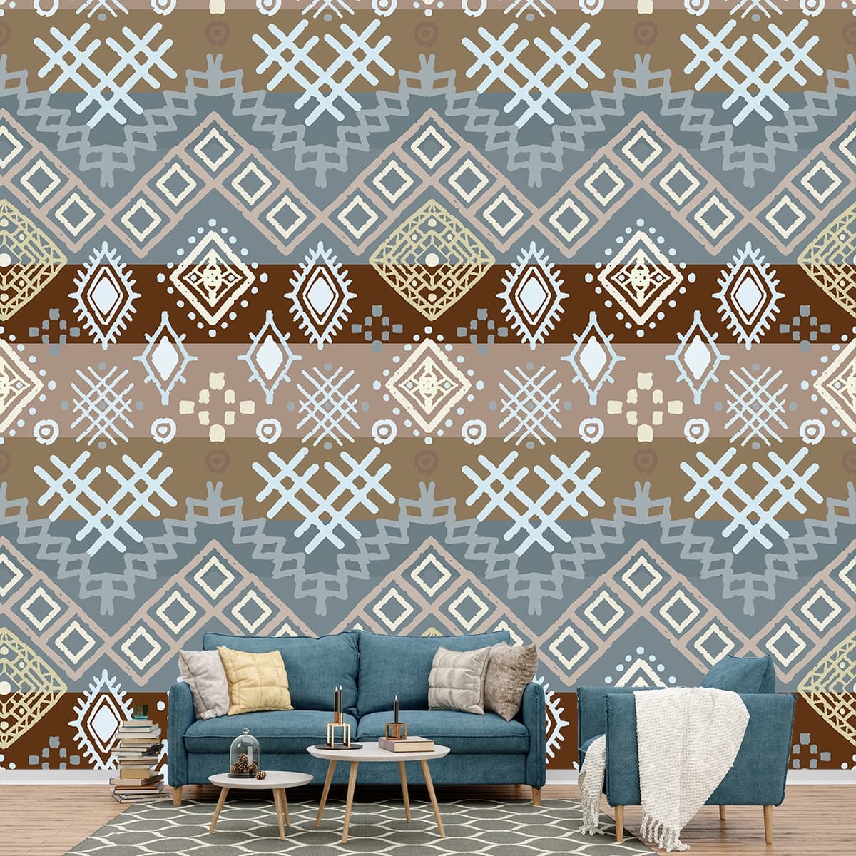 Modern Bohemian Tribal Geometric Pattern Wallpaper shown in a room