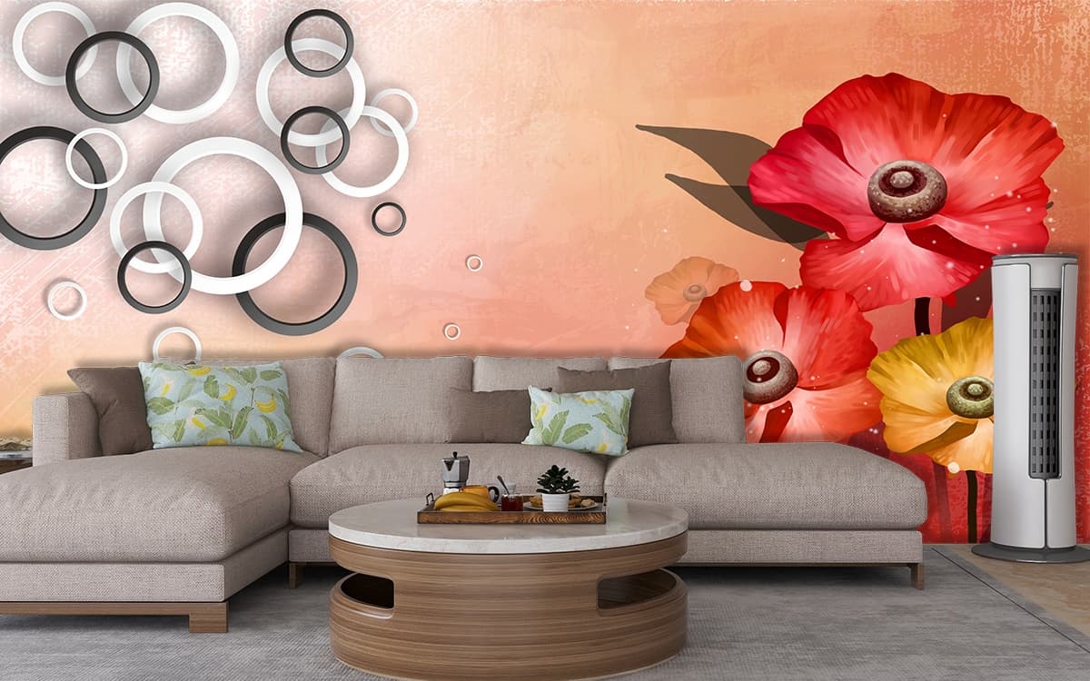 A painting of flowers and rings shown in a room