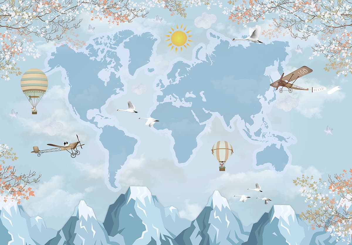 World Map with Birds and Mountains Nature Inspired Kids Room wallpaper pattern detail