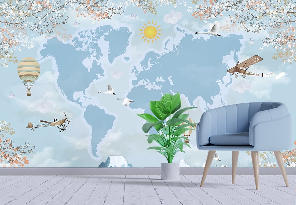 World Map with Birds and Mountains Nature Inspired Kids Room wallpaper shown in a room
