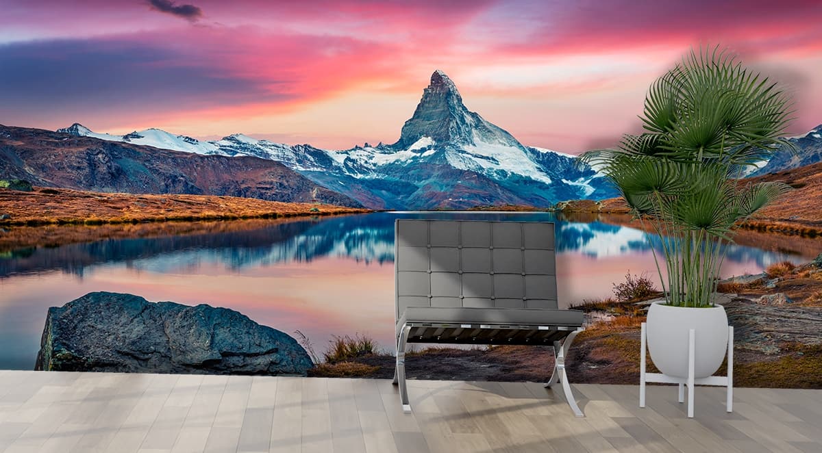 Stellisee Lake with Matterhorn Peak 3D Wallpaper for Living Room shown in a room