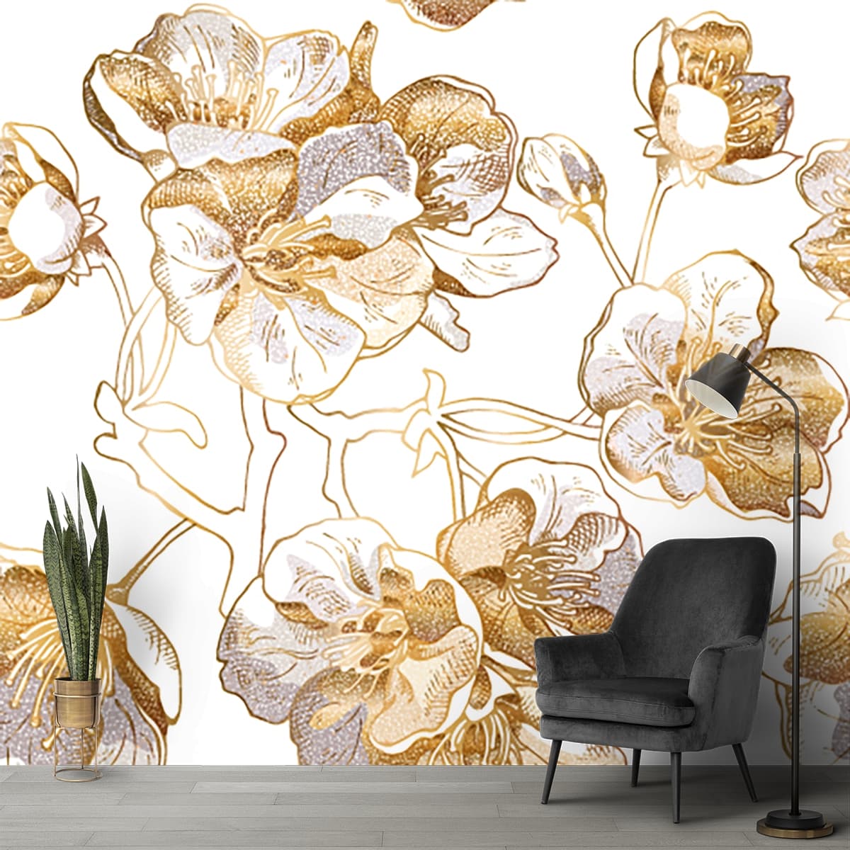 Soft Blooming Flowers Close-Up Wallpaper shown in a room