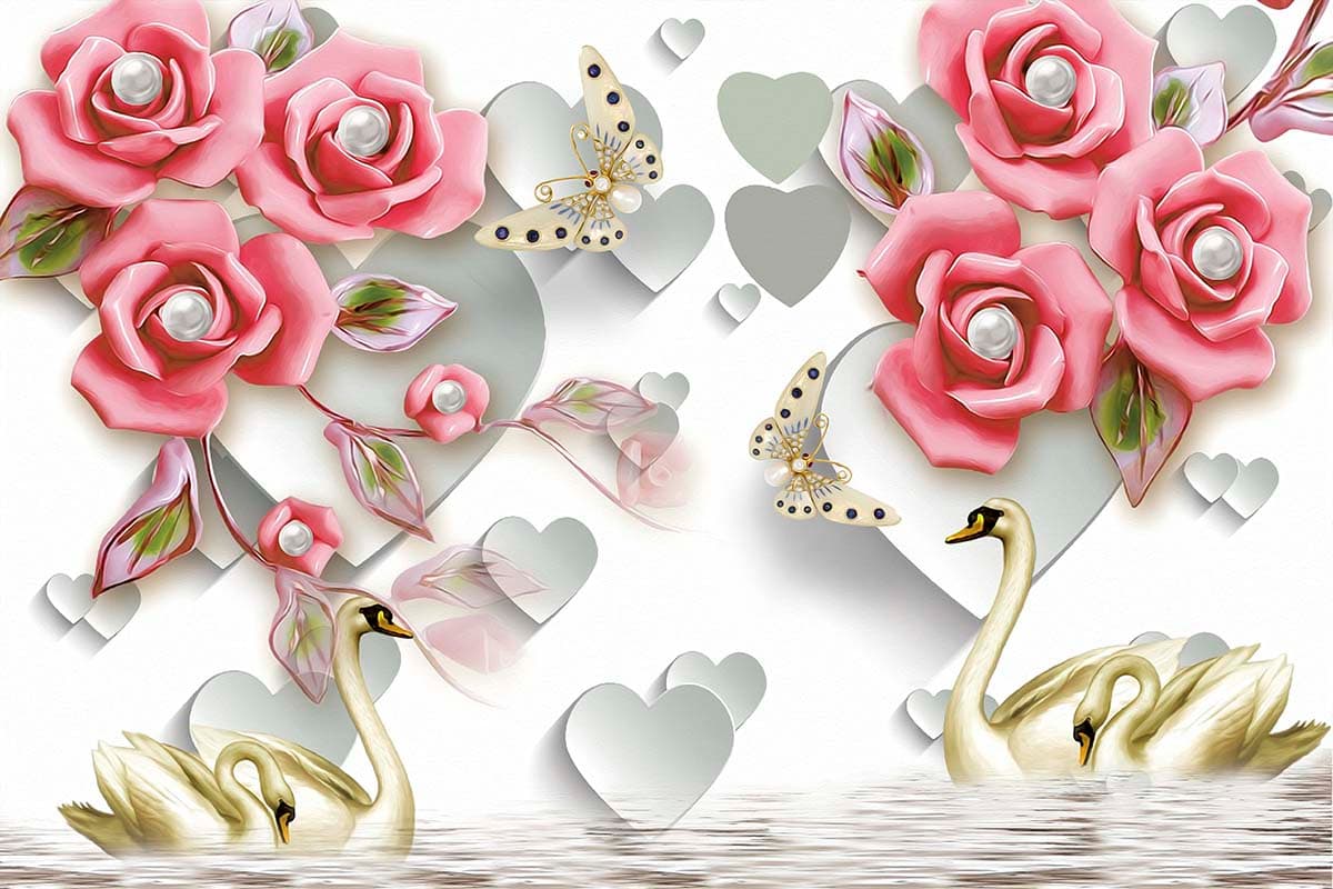 3D Swans and Flowers Living Room Wallpaper pattern detail