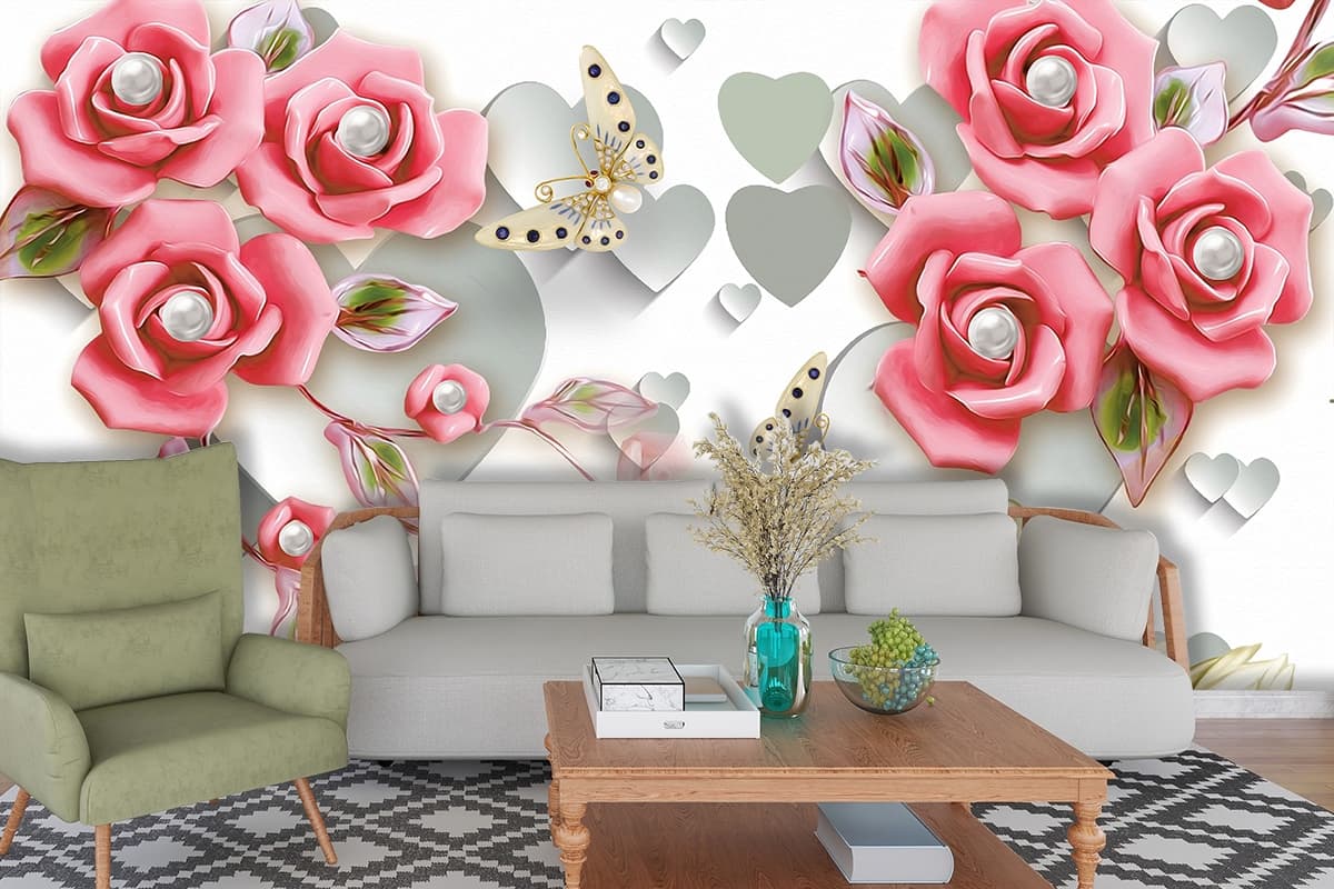3D Swans and Flowers Living Room Wallpaper shown in a room