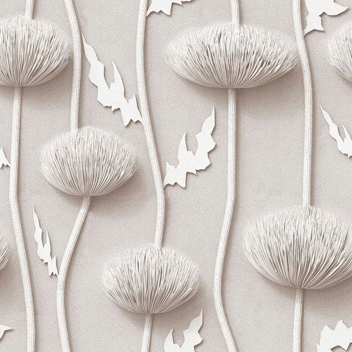White Paper Flowers and Leaves, 3D Living Room Wallpaper pattern detail