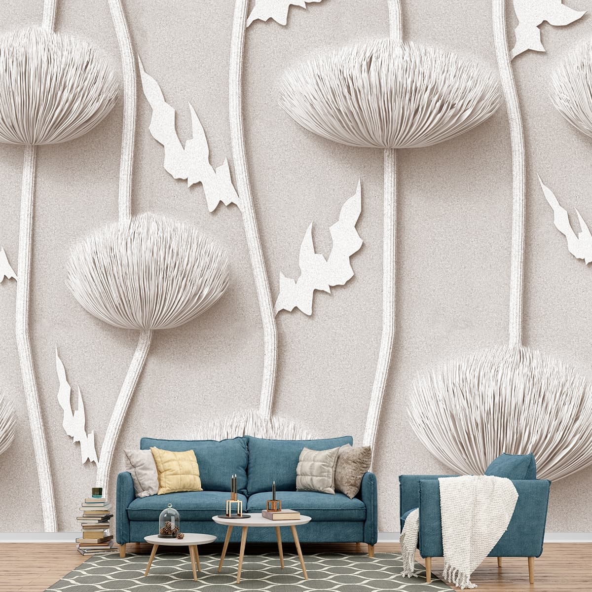 White Paper Flowers and Leaves, 3D Living Room Wallpaper shown in a room