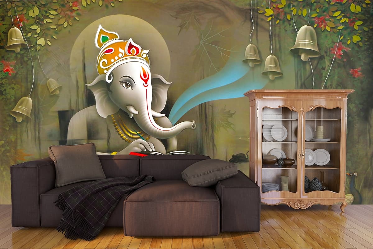 Viggnaharta Lord Ganesha Wallpaper Mural shown in a room