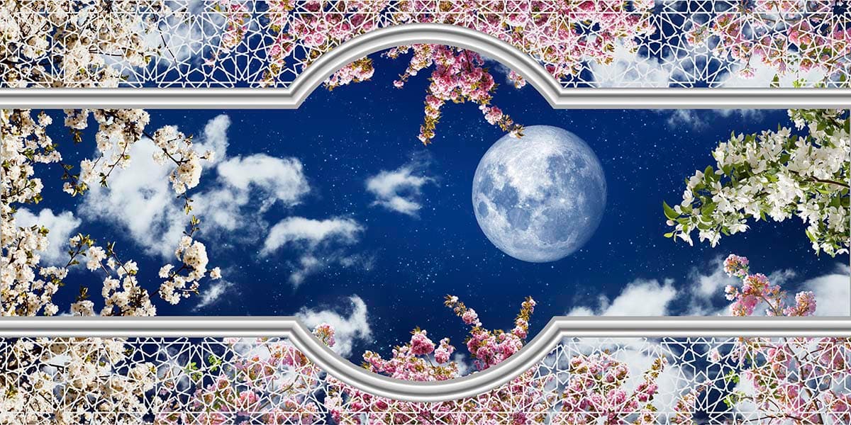 Moon and cherry blossoms in a window Wallpaper pattern detail