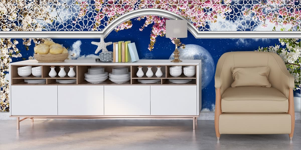 Moon and cherry blossoms in a window Wallpaper shown in a room