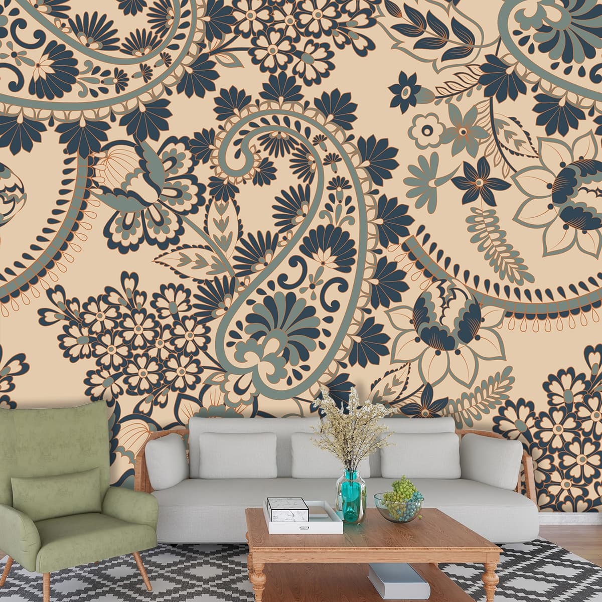 Beautiful Paisley Pattern Wallpaper on a Beige Background shown in a room