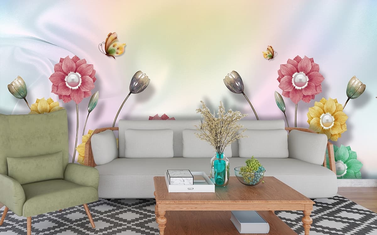 3D Decorative Flower Wallpaper for Living Room shown in a room