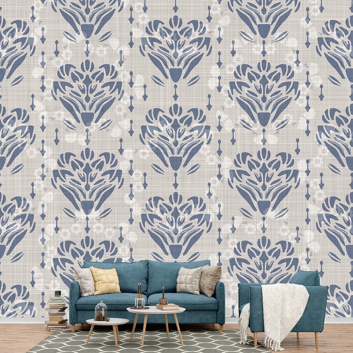 Blue White Floral Pattern for Elegant Home Walls Wallpaper shown in a room