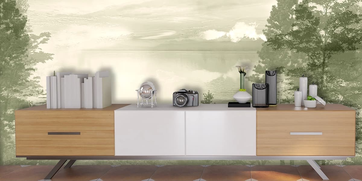 Luxury Foggy Landscape with Water Reflection Wallpaper shown in a room