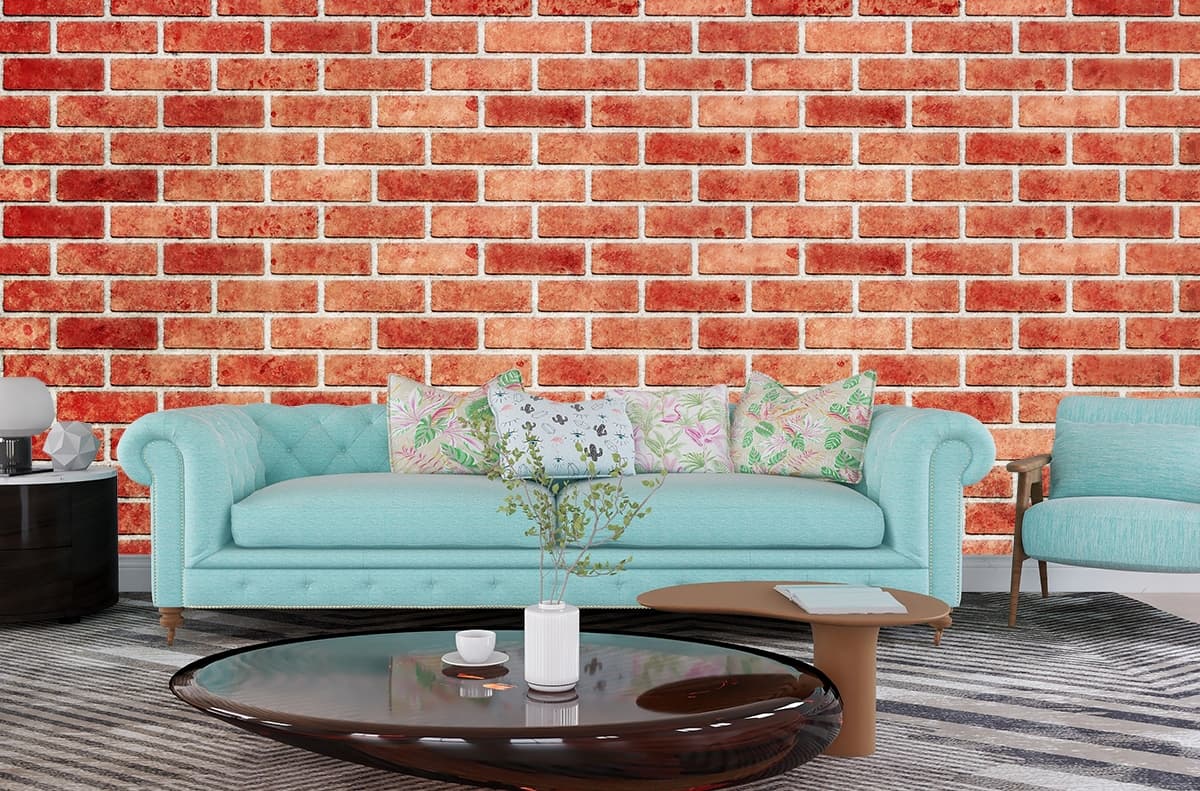 Realistic Close-Up Brick Texture Design Wallpaper shown in a room