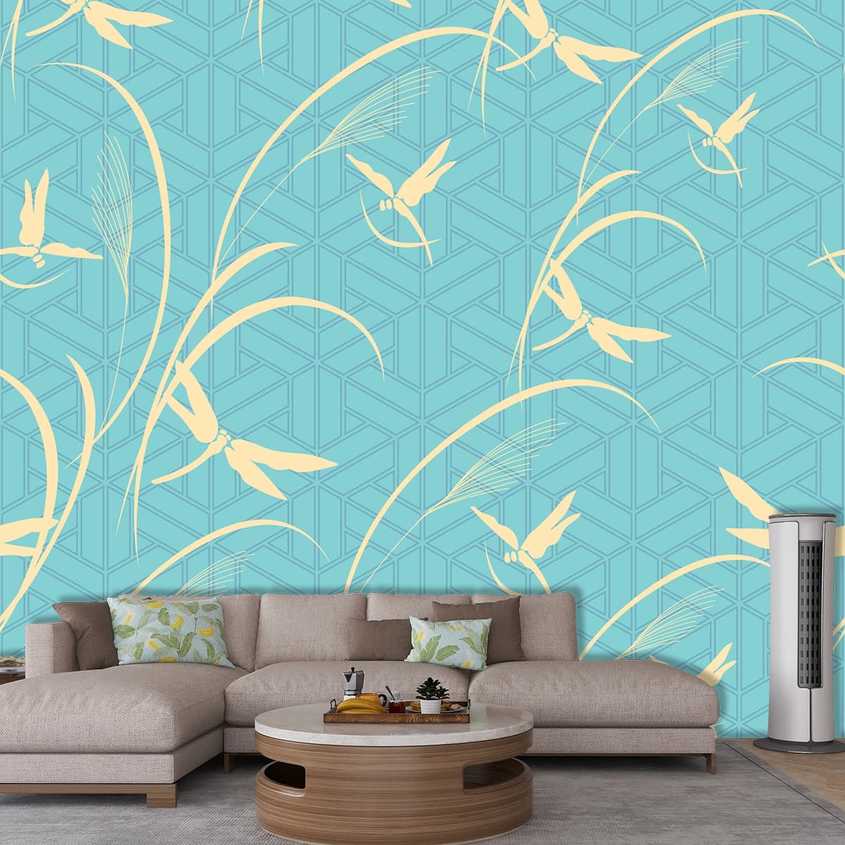 Yellow Dragonfly Pattern on Blue Background Wallpaper shown in a room