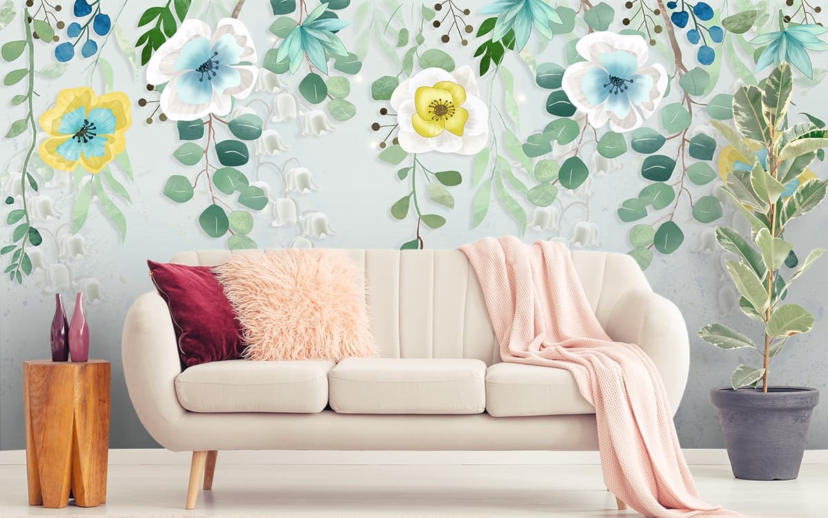 Nature White Yellow Floral Pattern Home Wallpaper shown in a room