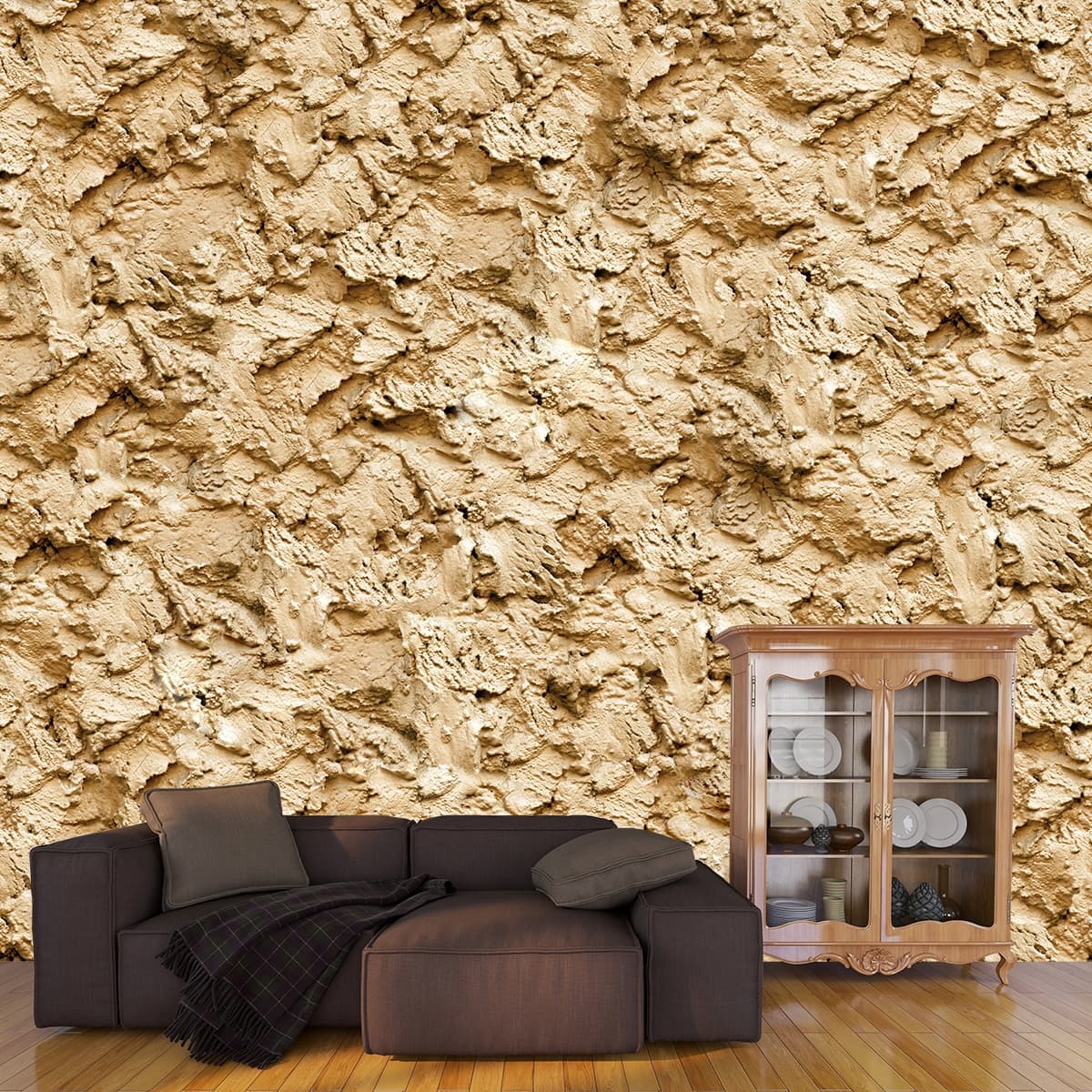 3D Muddy Look Wallpaper for Living Room shown in a room