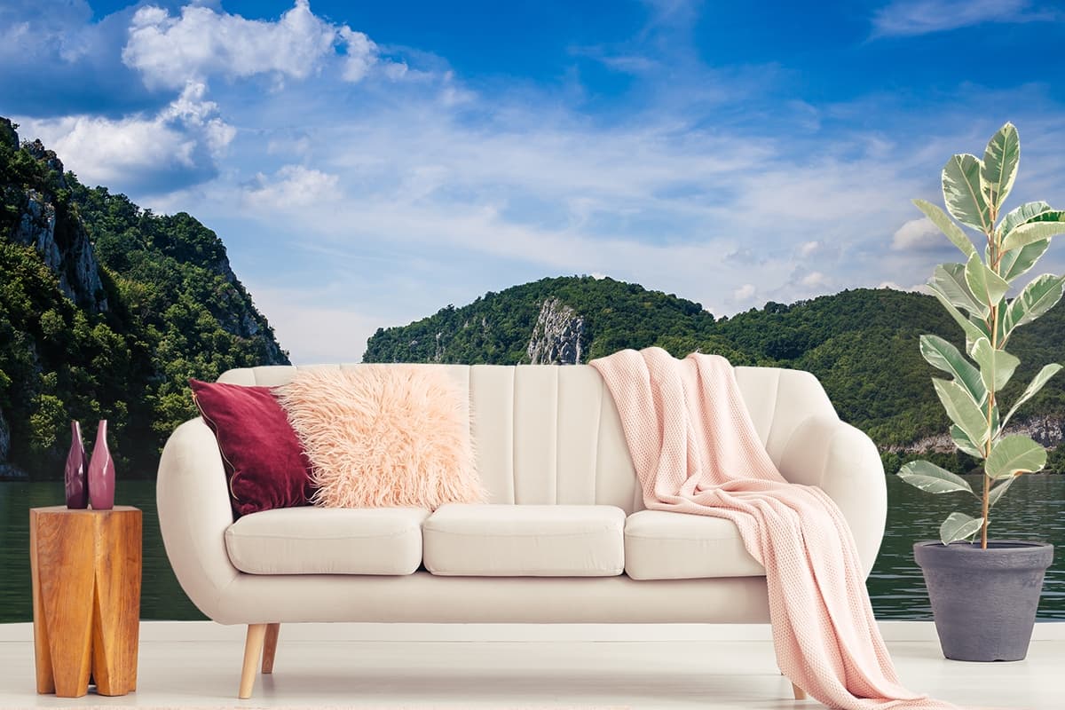 Mountain Wallpaper, River with trees and mountains shown in a room