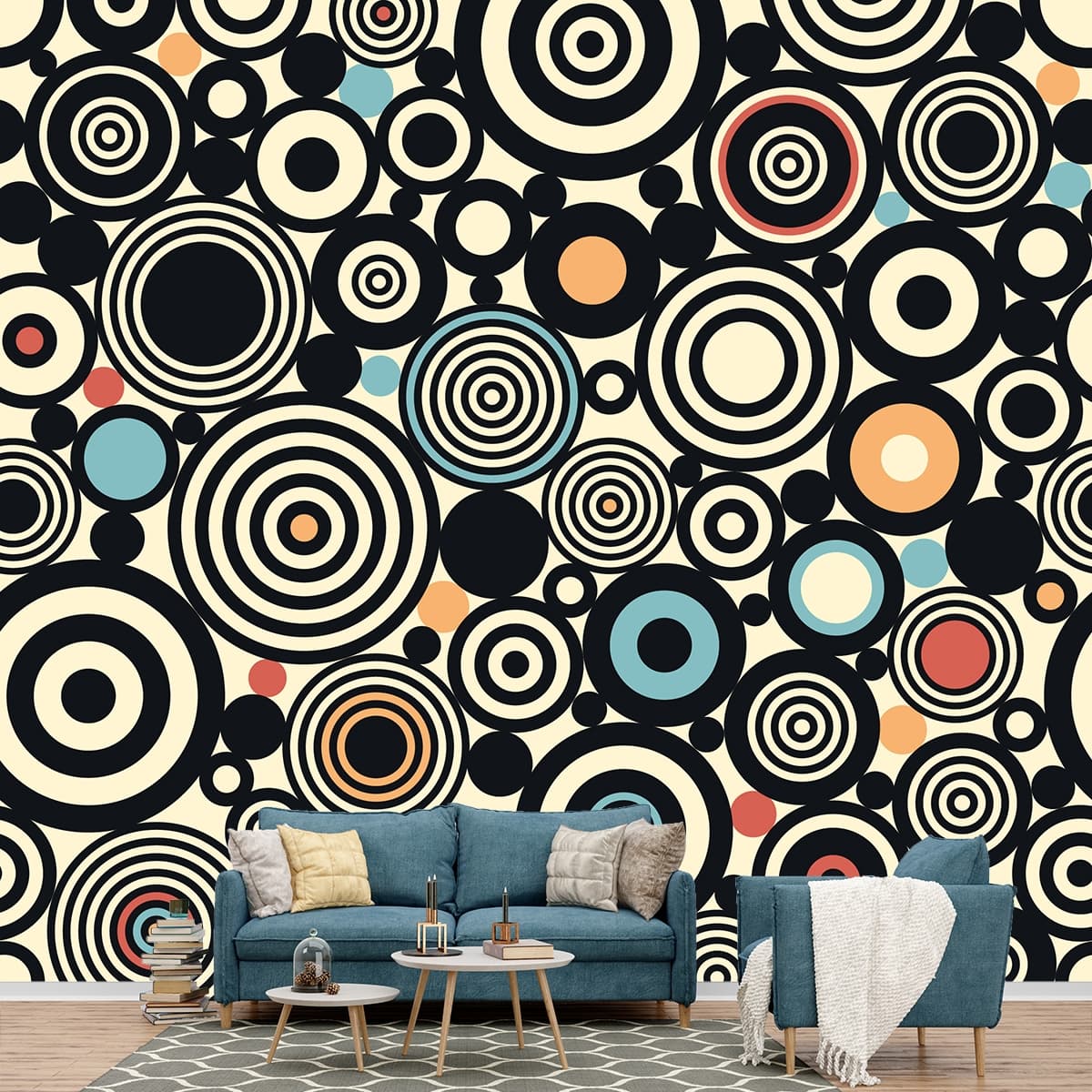 Retro Concentric Circles Design Wallpaper shown in a room