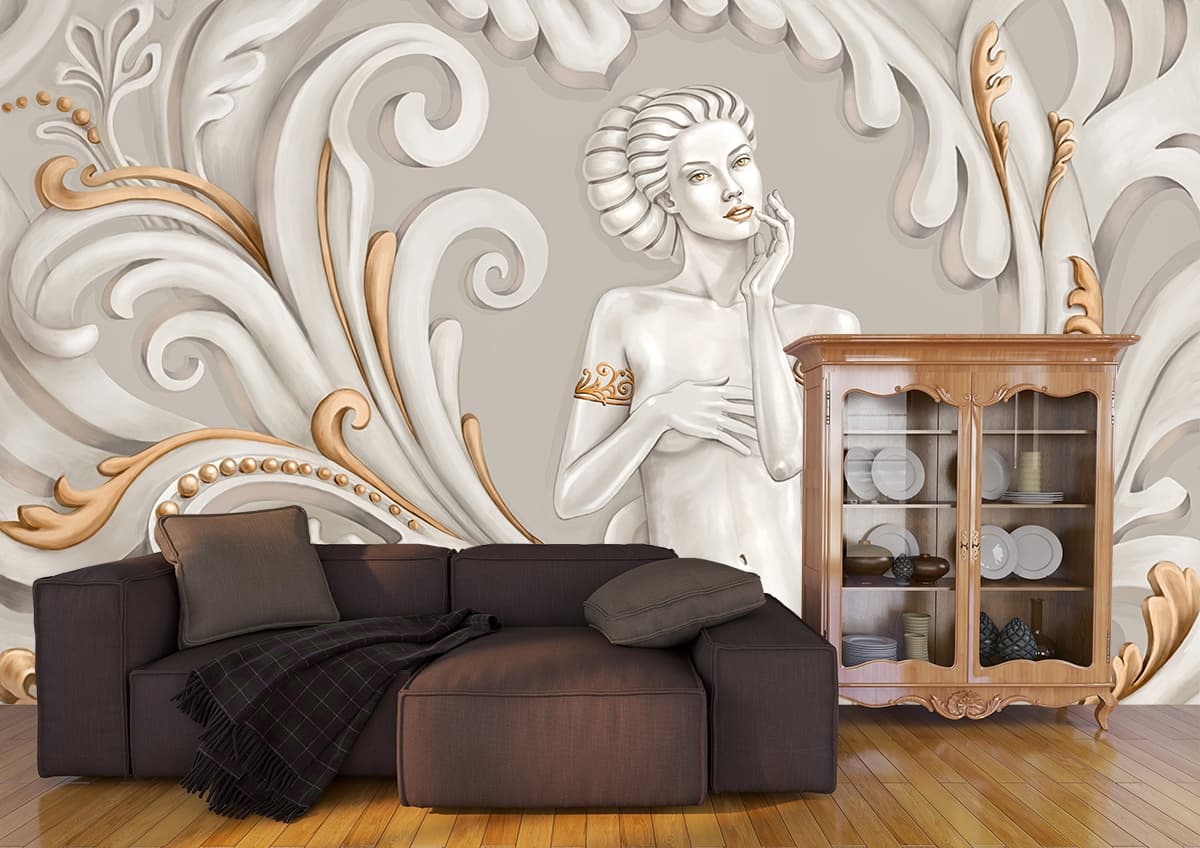 A sculpture of a woman shown in a room