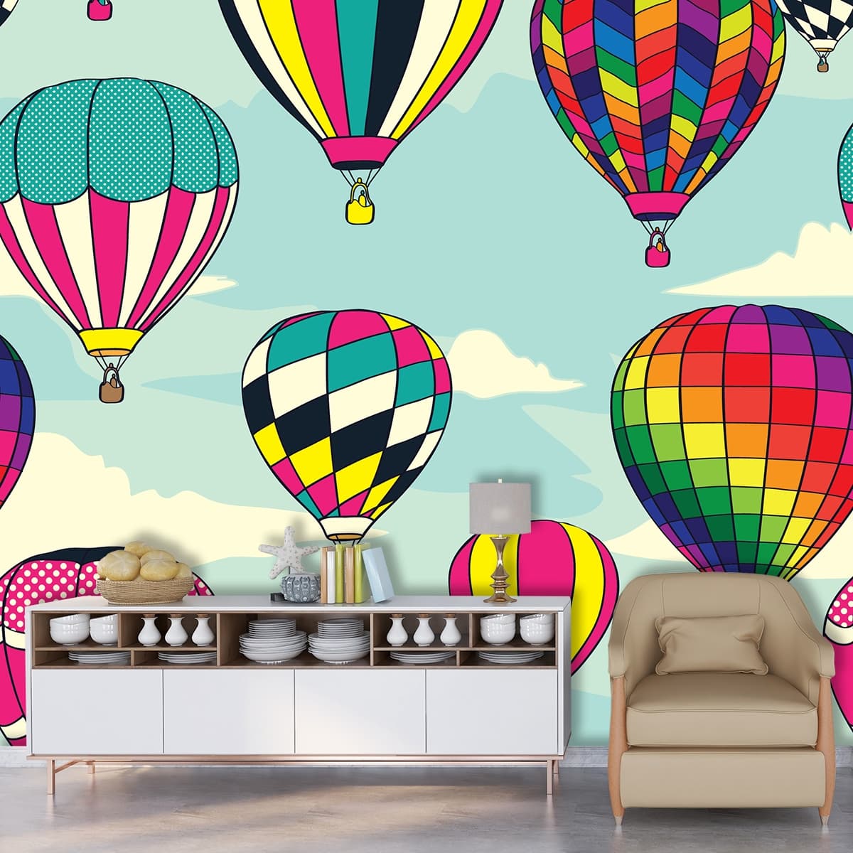 Hot Air Balloon Pattern Kids Room Wallpaper shown in a room
