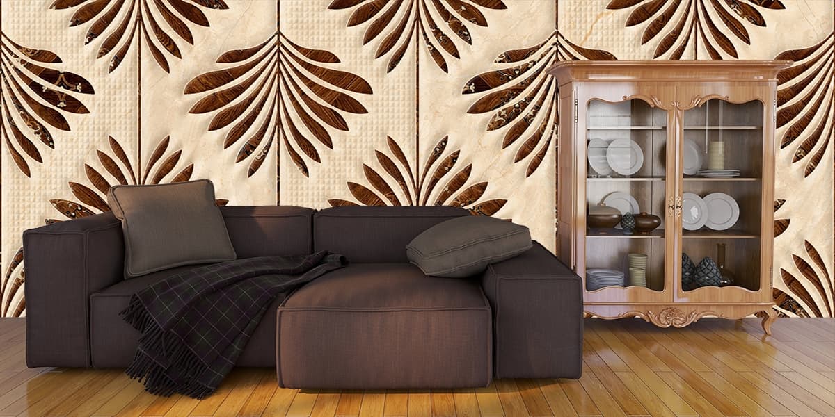 A pattern of leaves on a tile shown in a room