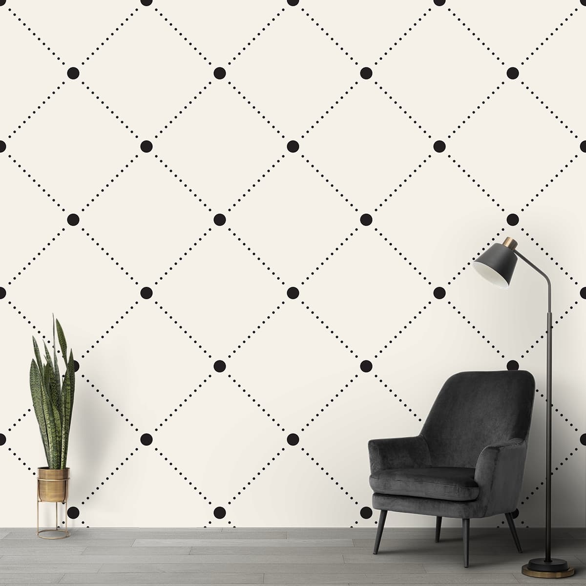 Stylish Black and White Dot Grid Wallpaper shown in a room
