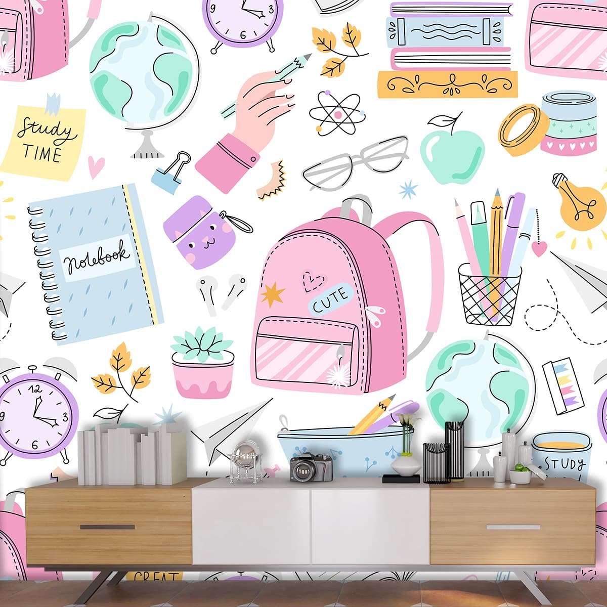 School Time Kids Room Wallpaper shown in a room