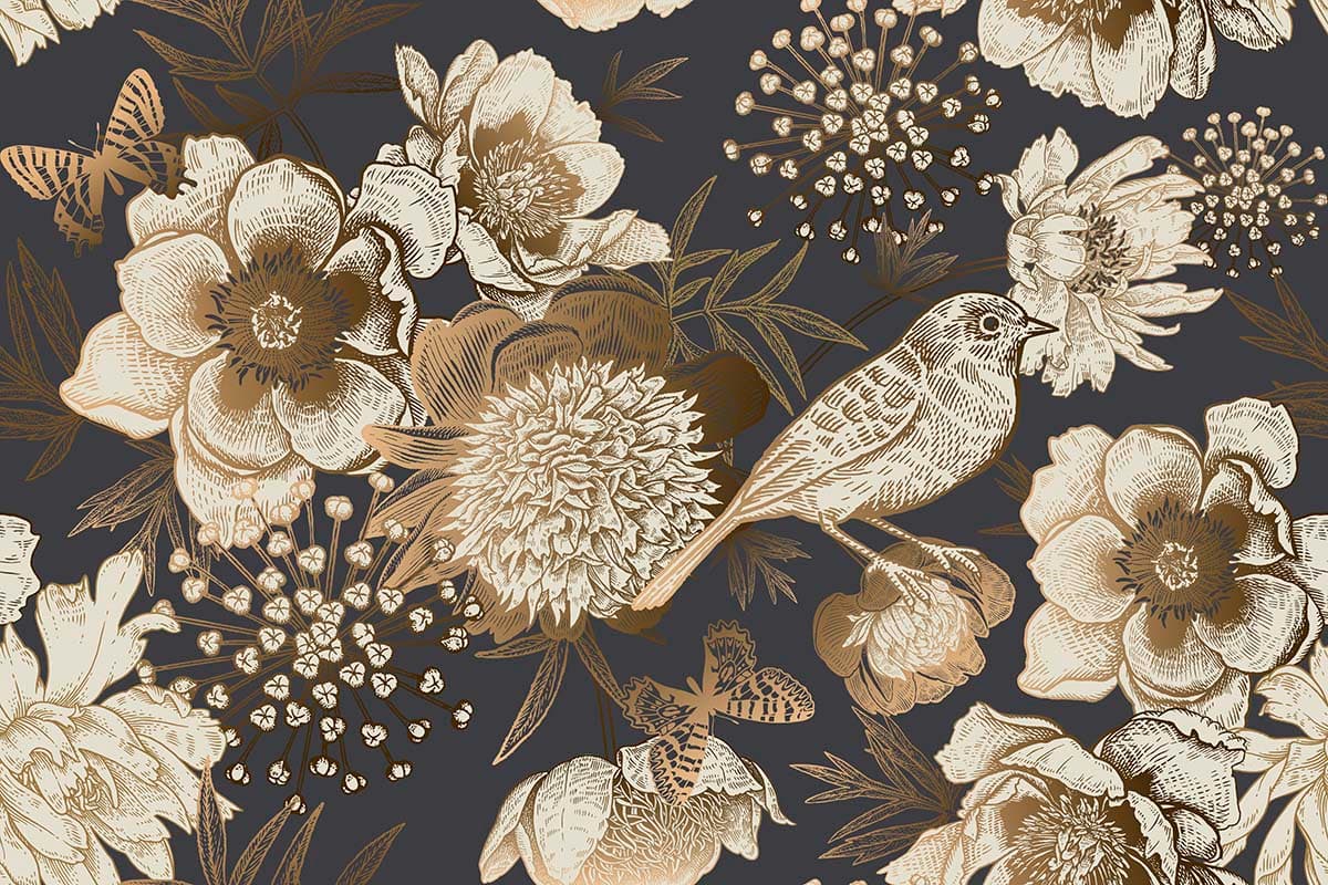 Elegant bird with floral accents on dark backdrop wallpaper pattern detail