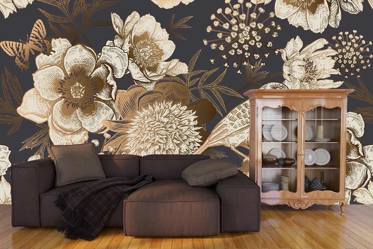 Elegant bird with floral accents on dark backdrop wallpaper shown in a room