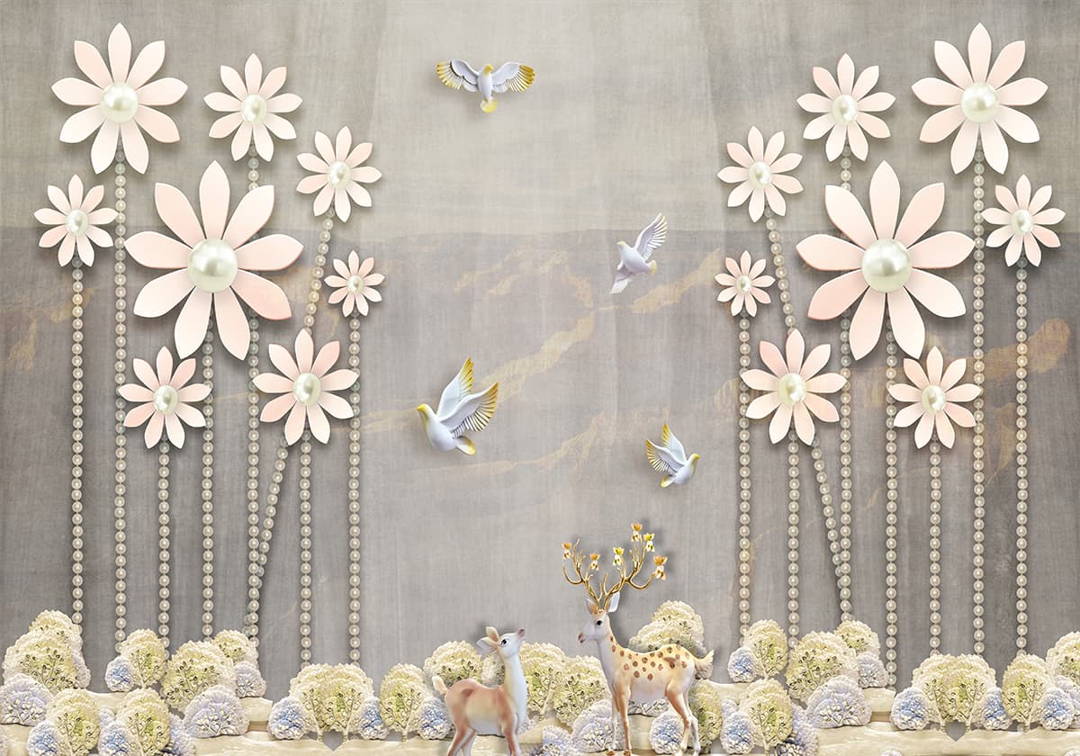 A wallpaper with flowers and birds pattern detail