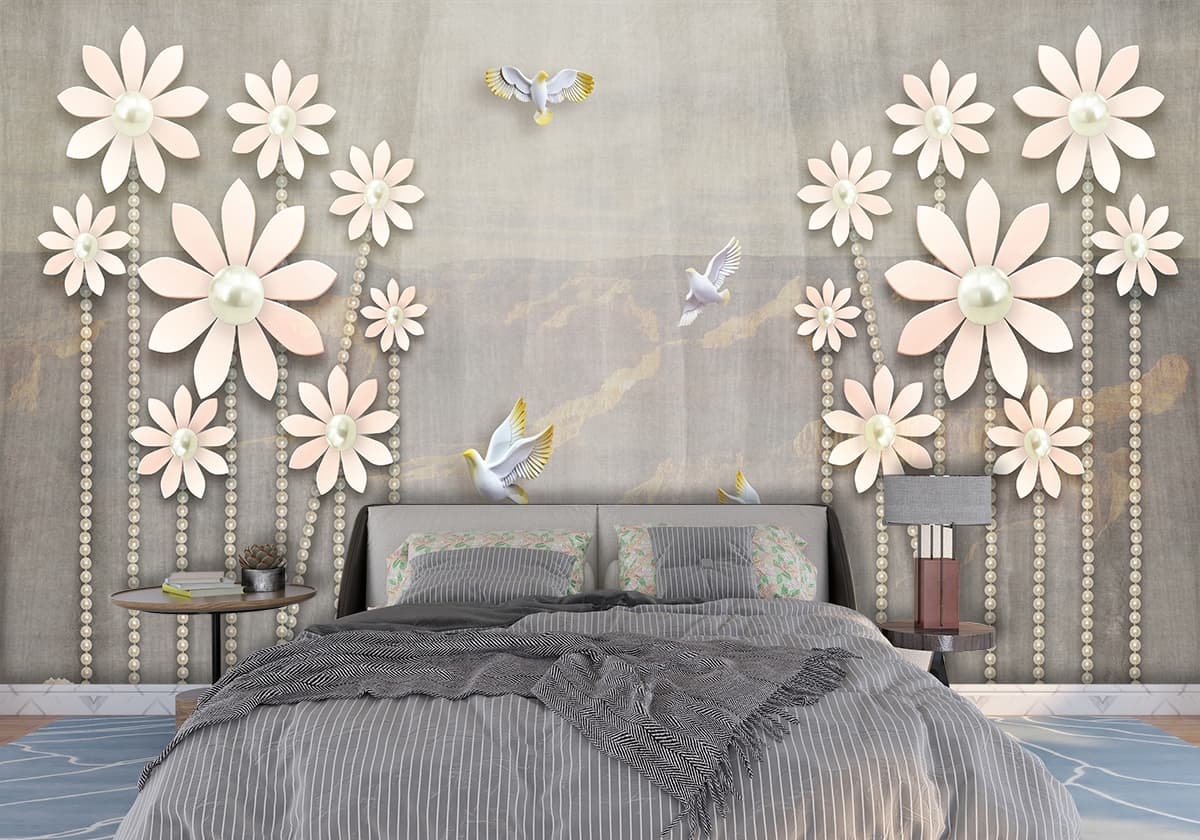 A wallpaper with flowers and birds shown in a room