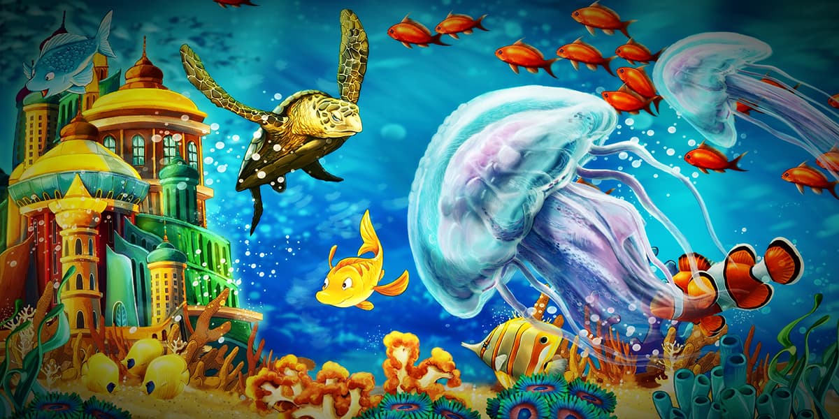 A Wallpaper Mural of a Tortoise Ocean Castle and Fishes Kids Wallpaper pattern detail