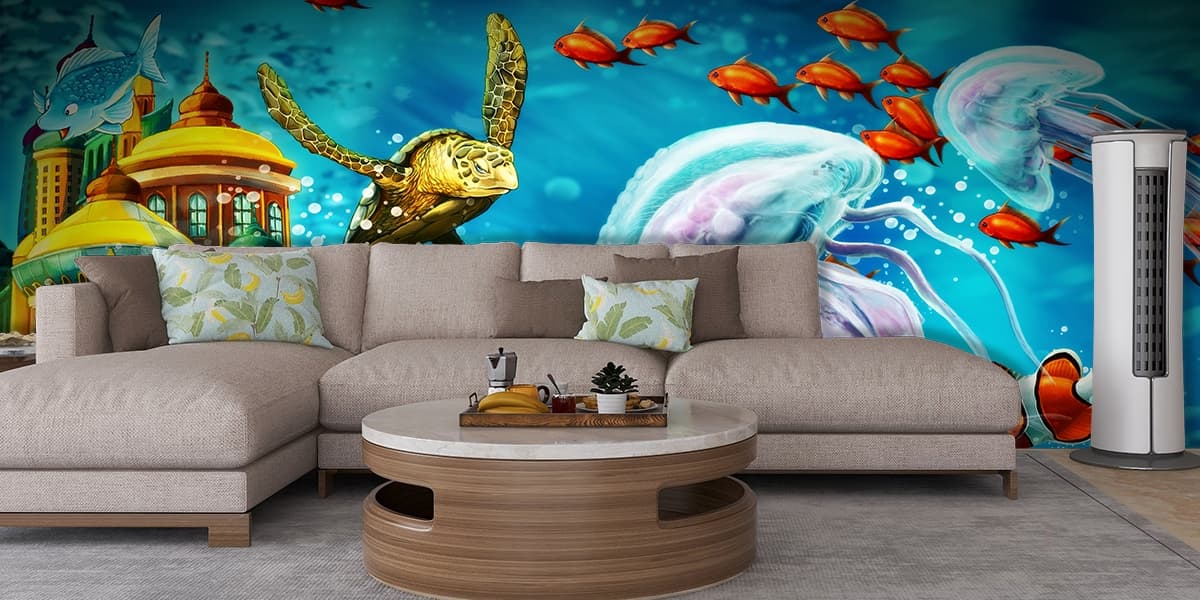 A Wallpaper Mural of a Tortoise Ocean Castle and Fishes Kids Wallpaper shown in a room