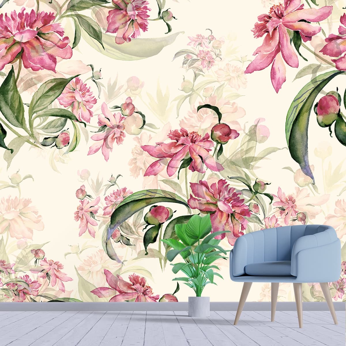An Artistic Wallpaper of Flowers and Leaves for Wall shown in a room