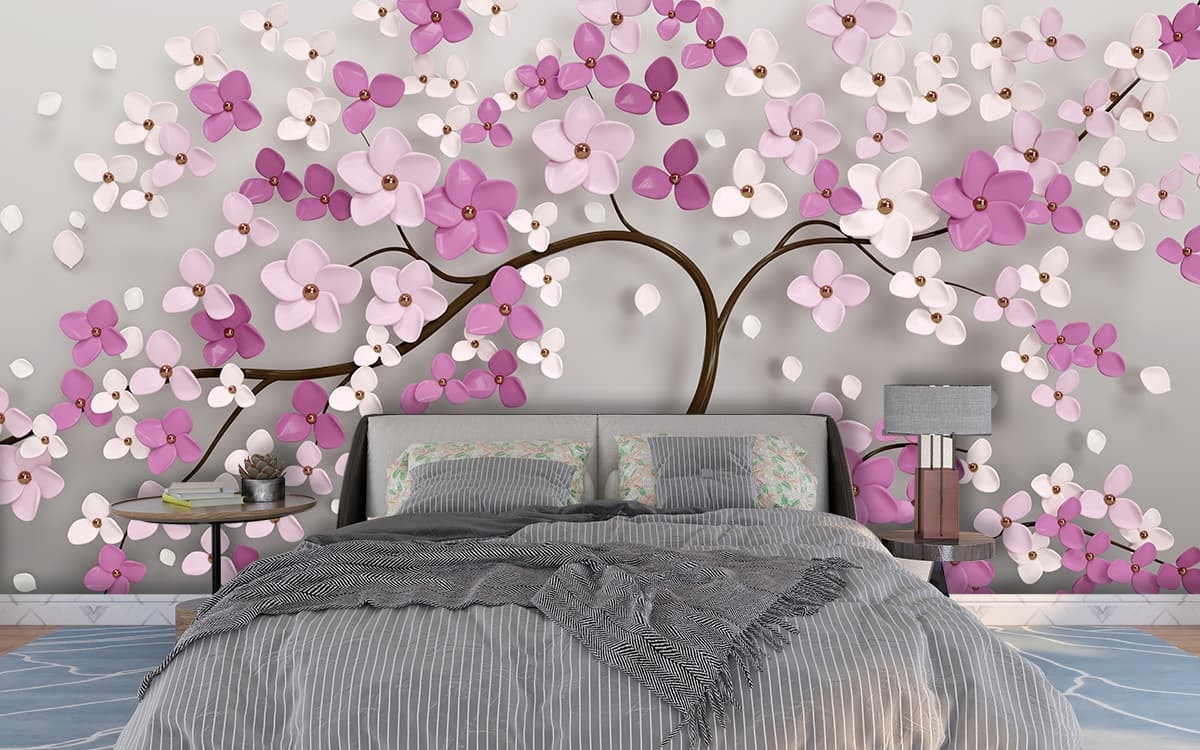 Pink and White Blossom Tree Nature Wallpaper shown in a room