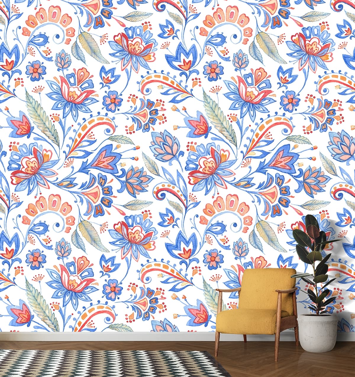 Wallpaper for House Wall, Pattern of flowers and leaves shown in a room
