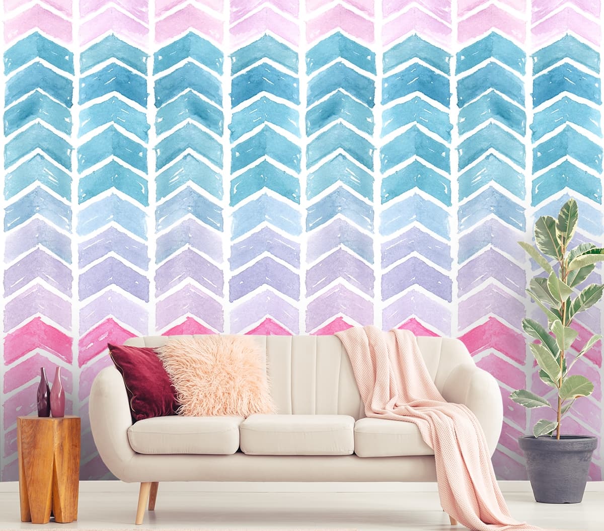 Watercolor Chevron Pattern Modern Wall Mural Wallpaper shown in a room