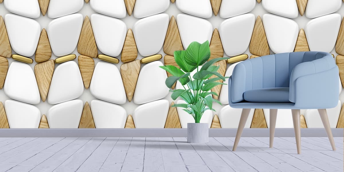 A pattern of white and gold triangles shown in a room
