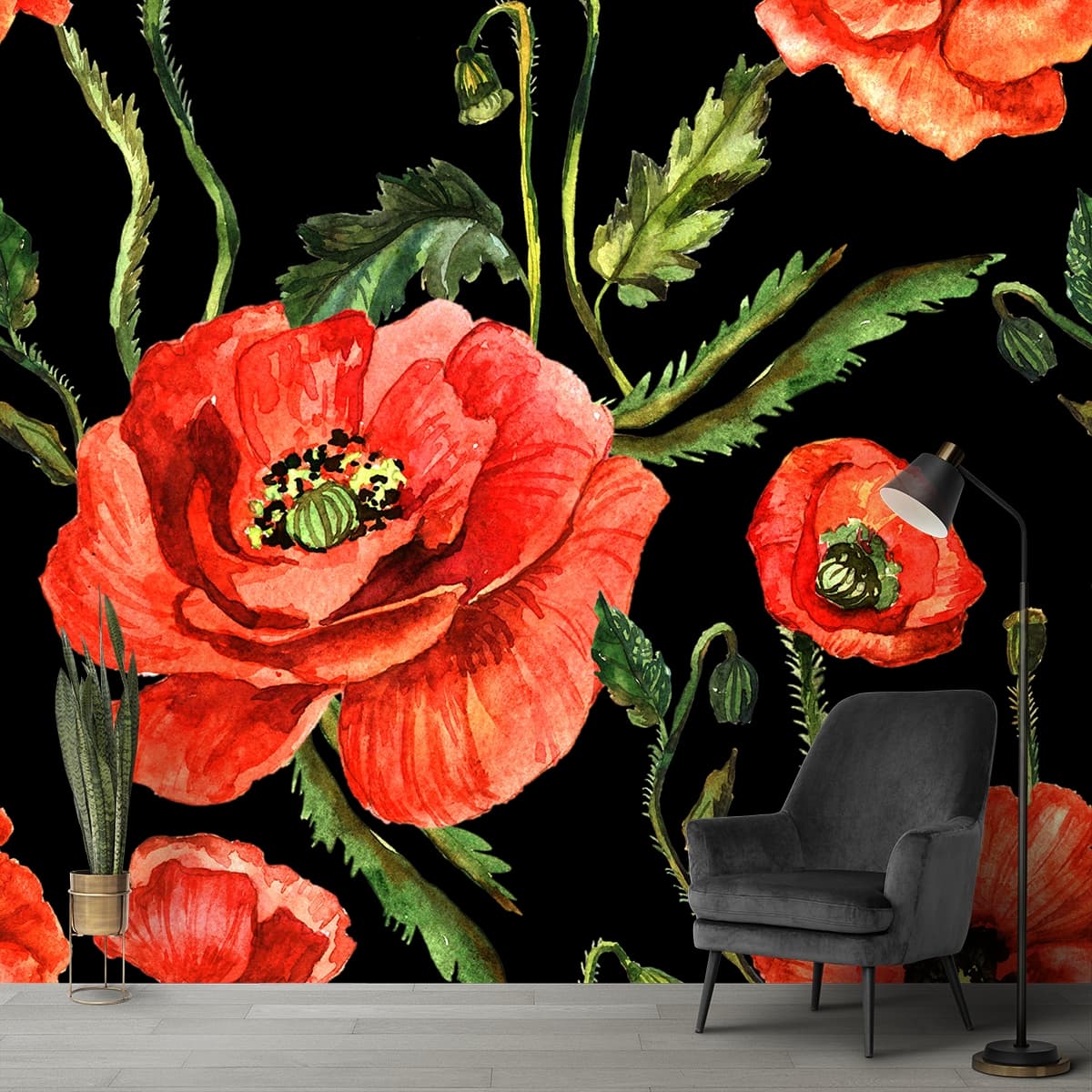 Watercolor Red Flowers Floral Wallpaper shown in a room