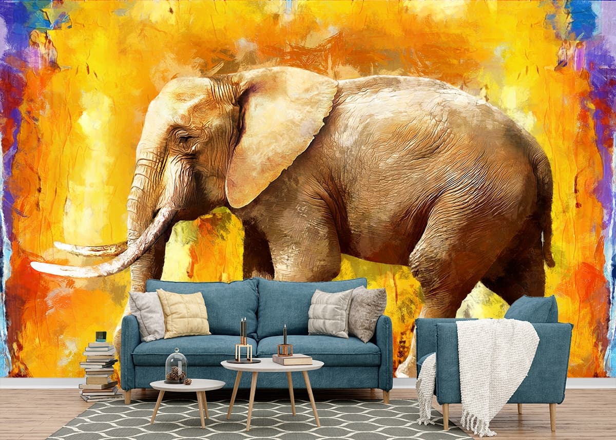 Stylish Elephant Yellow Theme Interior Wallpaper shown in a room