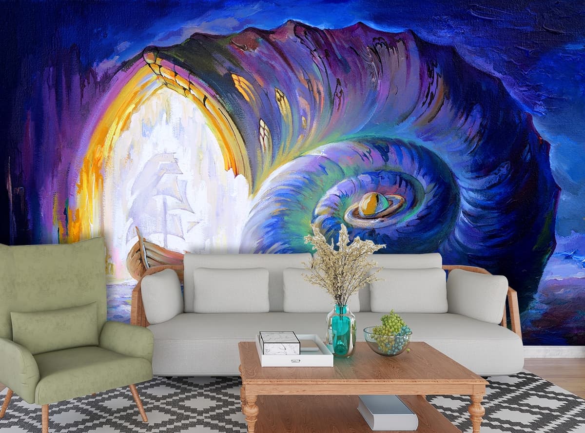 Blue Color Snail Shell Painting Wallpaper for Walls shown in a room