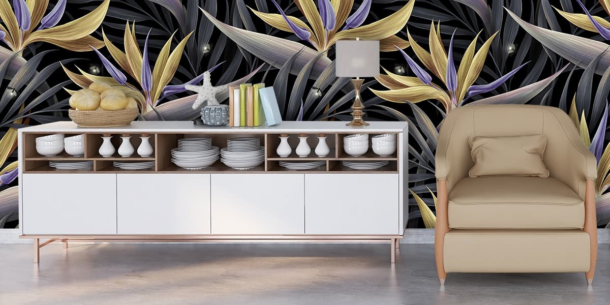 A Wallpaper Pattern of Golden and Black Leaves shown in a room