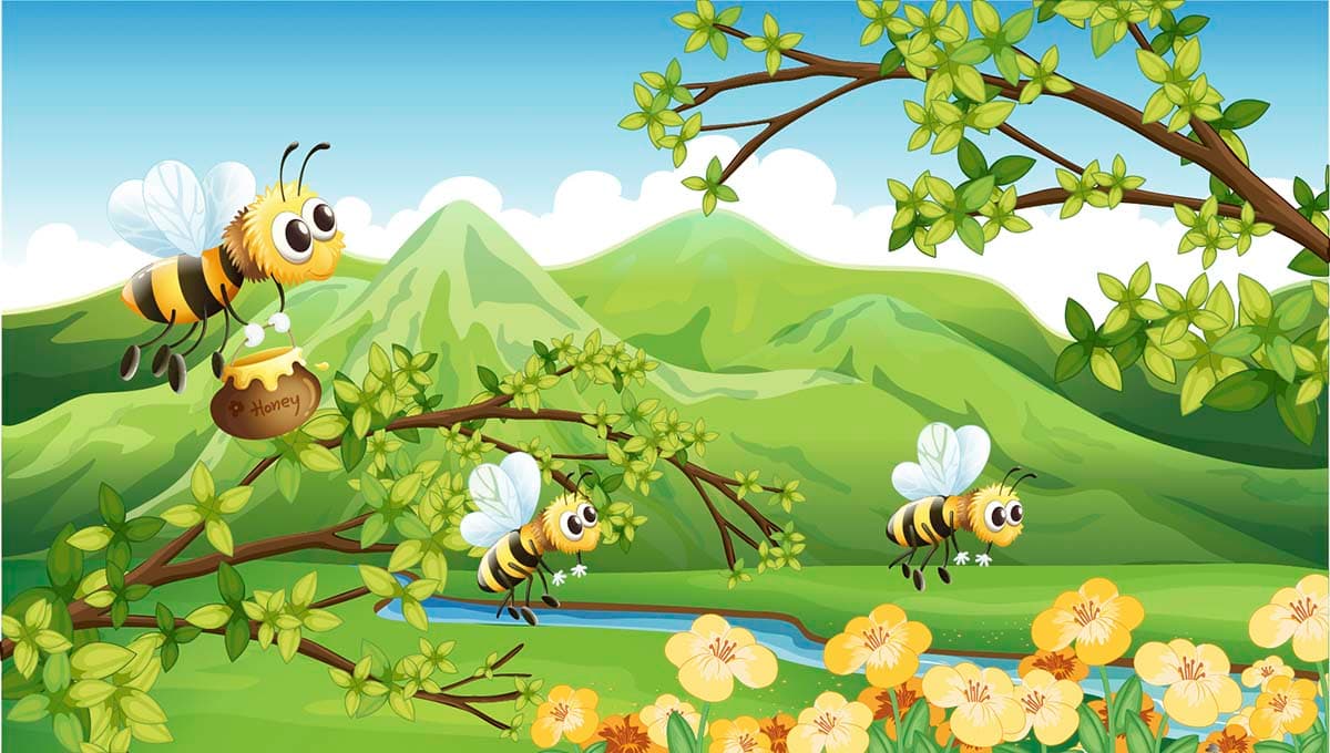 Happy Bees River Landscape Kids Wallpaper pattern detail
