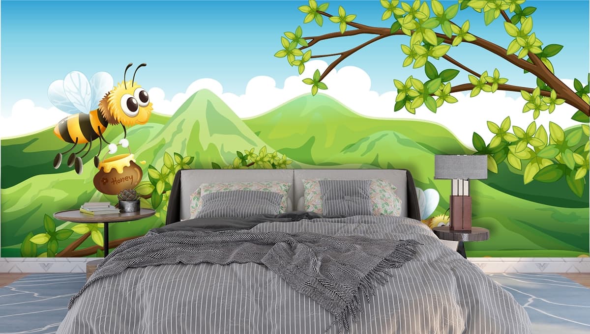 Happy Bees River Landscape Kids Wallpaper shown in a room