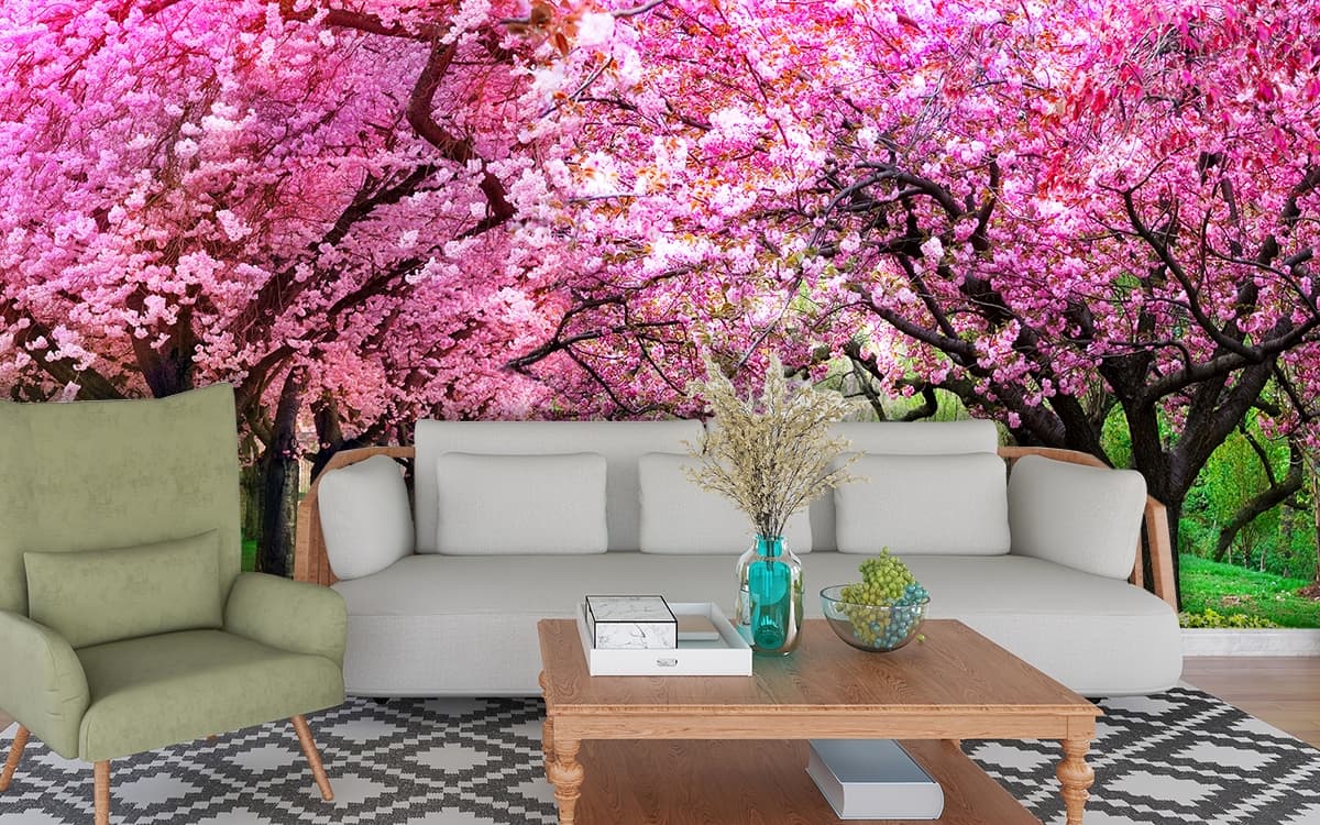 3D Effect Cherry Blossom Trees Wallpaper for Living Room shown in a room