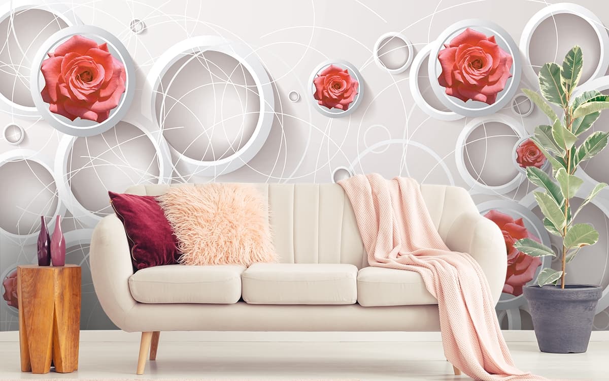Wallpaper with 3D Circles and Roses for Wall shown in a room